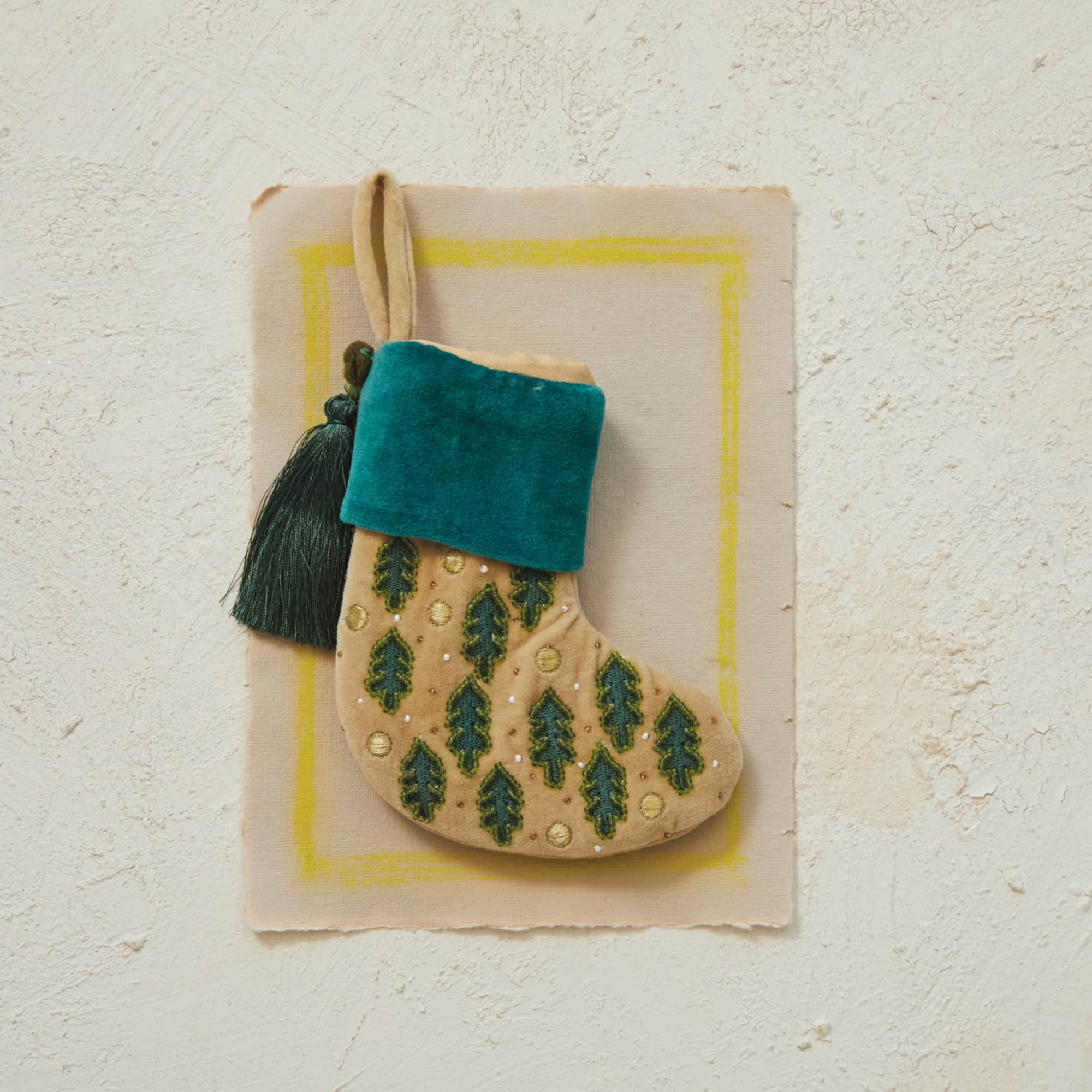Hello Honey® 7" Green Leaf & Tassel Cotton Velvet Stocking Ornament